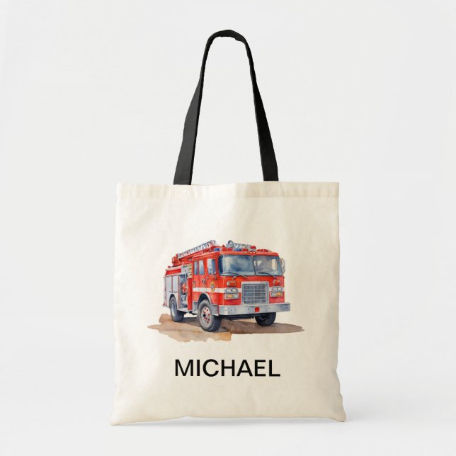 Modern Red Fire Truck Personalized Name Tote Bag (Front)