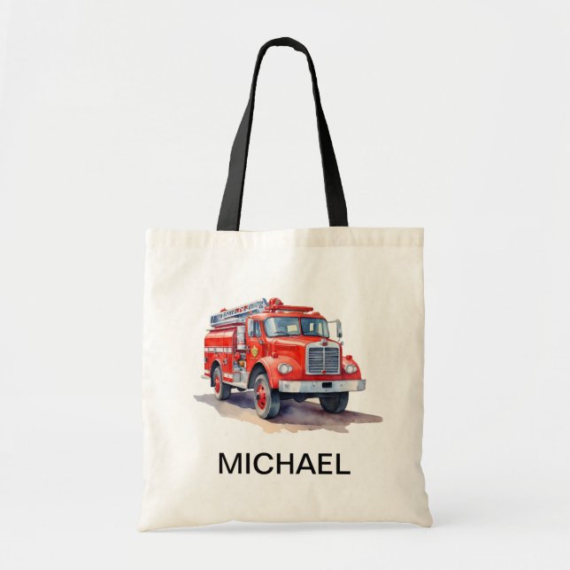 Modern Red Fire Truck Personalized Name Tote Bag (Front)