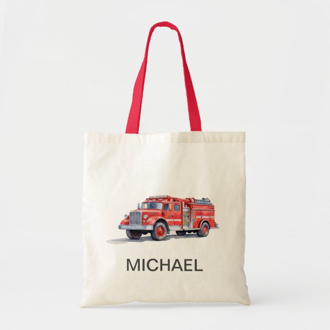 Modern Red Fire Truck Personalized Name Tote Bag (Front)