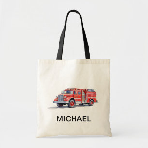 Modern Red Fire Truck Personalized Name Tote Bag