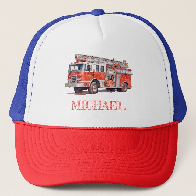 Modern Red Fire Truck Personalized Name Trucker Hat (Front)