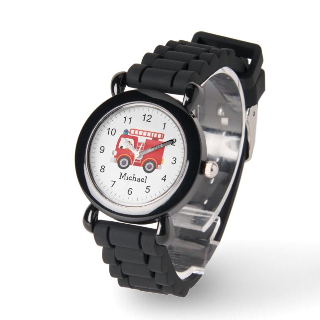 Modern Red Fire Truck Personalized Name Watch (Angle)