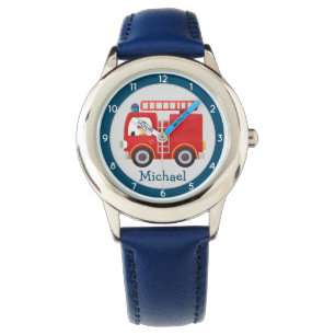 Modern Red Fire Truck Personalized Name Watch
