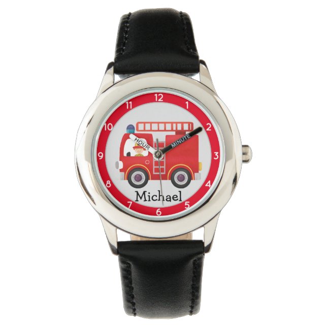 Modern Red Fire Truck Personalized Name  Watch (Front)