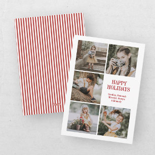 Modern Red Five Photo Collage Christmas Holiday Card