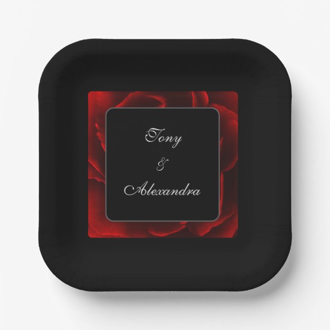 Modern Red Floral, Black and White, Elegant Paper Plates (Front)
