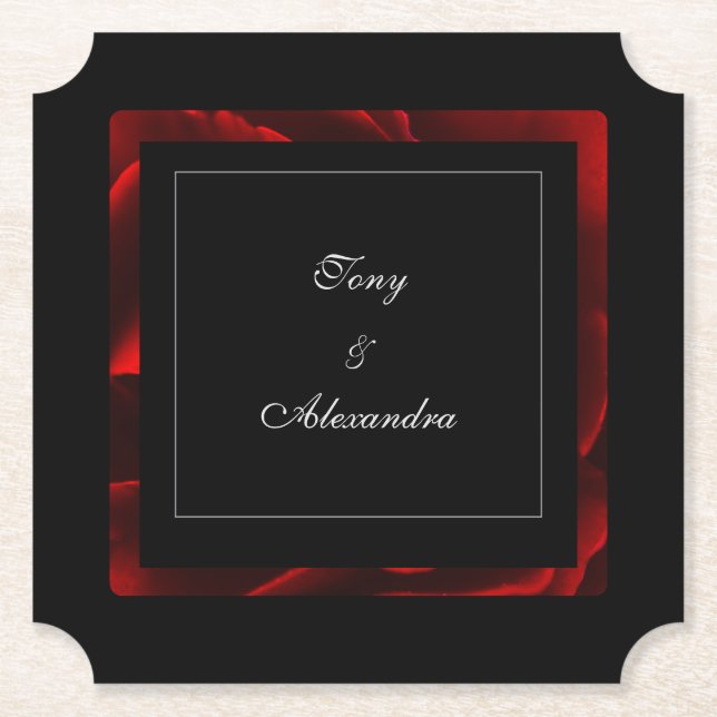 Modern Red Floral Black and White Paper Coaster (Front)