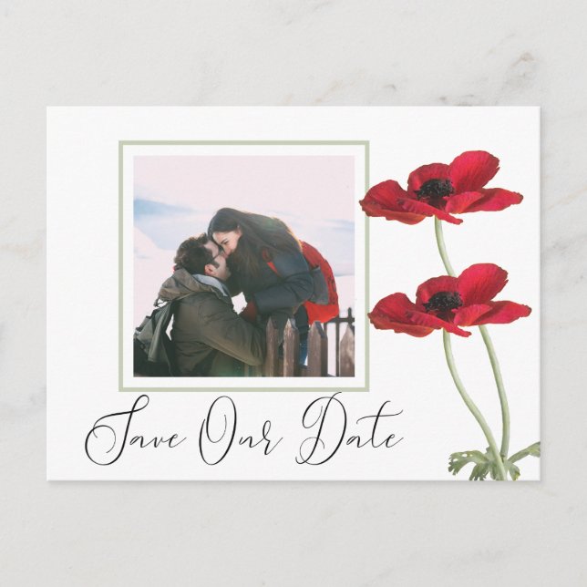 Modern Red Floral Botanical Wedding Save the Date Announcement Postcard (Front)