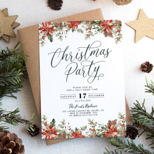 Modern Red Floral Christmas Party Invitation