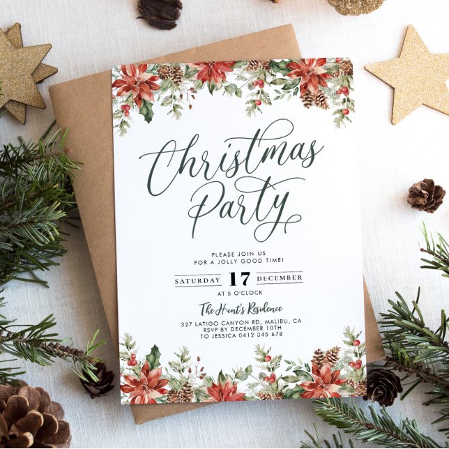 Modern Red Floral Christmas Party Invitation (Green and Red Christmas Party Invitation)