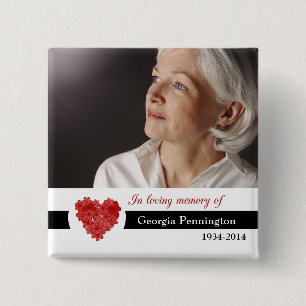 Modern red floral heart in memory of photo button