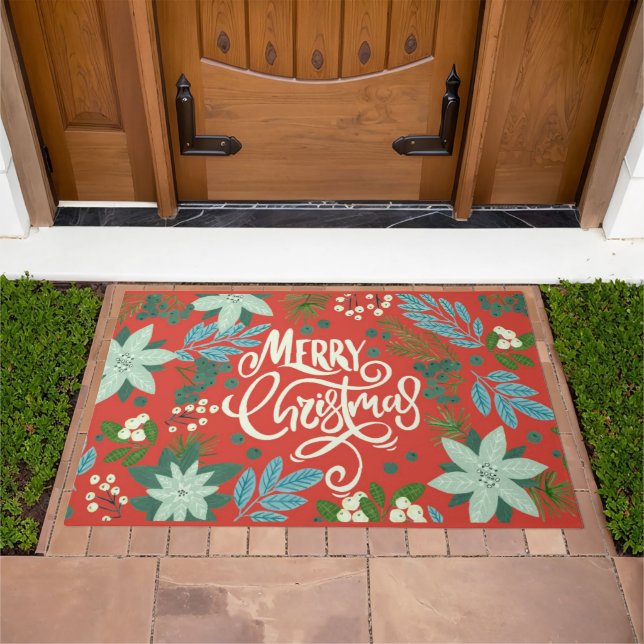 Modern Red Floral Merry Christmas Doormat (Outdoor)