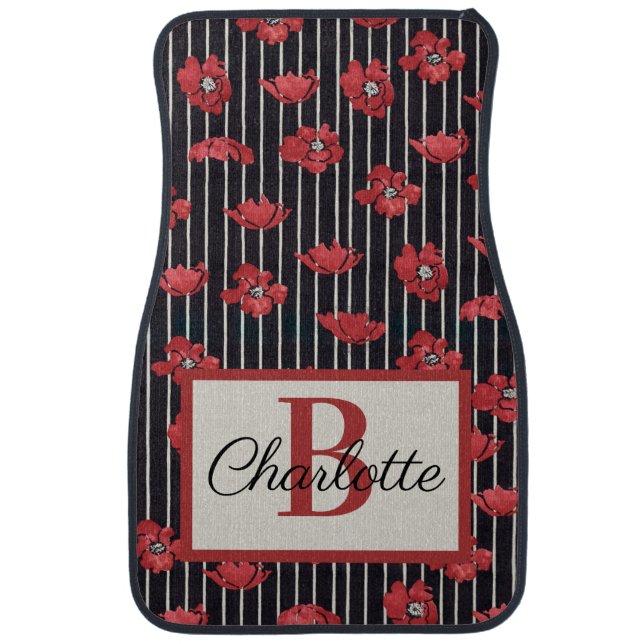 Modern Red Floral Monogram  Car Floor Mat (Front)