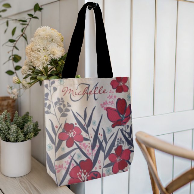 Modern Red Floral Monogram Tote Bag (Creator Uploaded)
