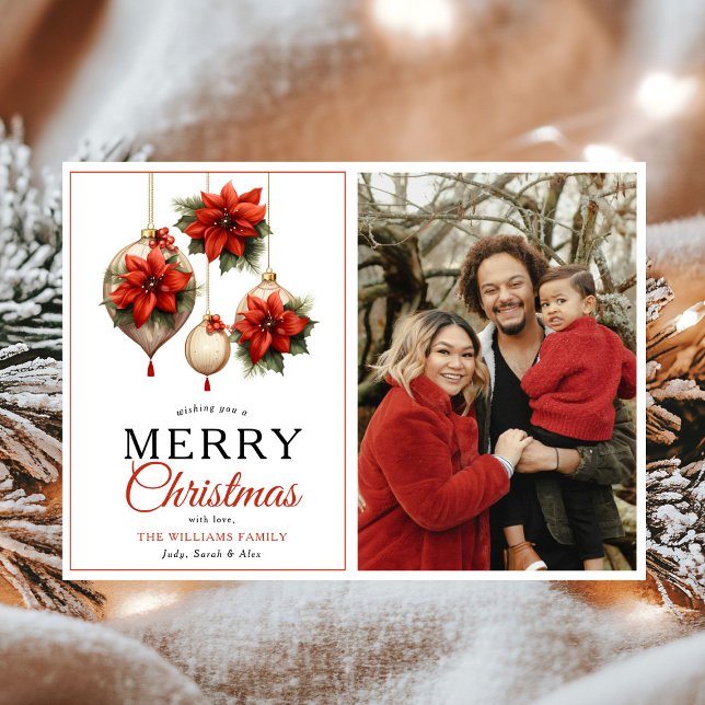 Modern Red Floral Ornaments Merry Christmas Photo Holiday Card (Creator Uploaded)