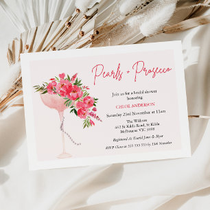 Modern Red Floral Pearls Prosecco Bridal Shower  Invitation