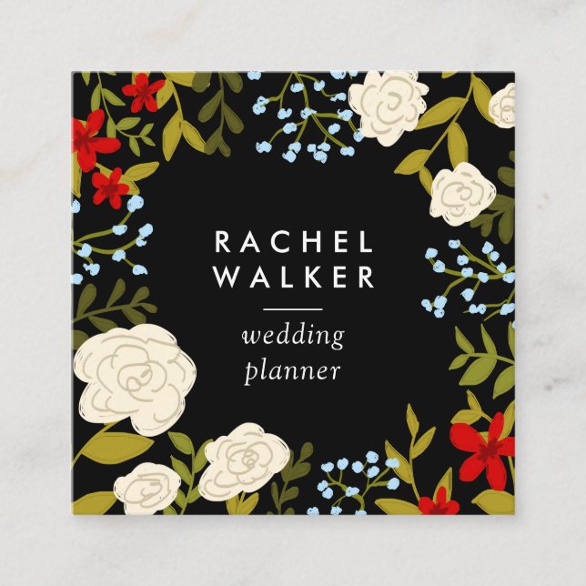 Modern red floral square planner business card (Front)
