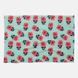 Modern Red Flowers Aqua Blue Polka Dots Towel