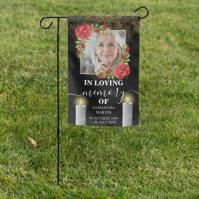 Modern Red Flowers Gold Heart Memorial Grave Site Garden Flag (In SItu)