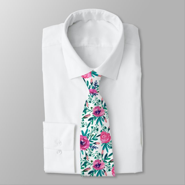 Modern Red Flowers Neck Tie (Tied)