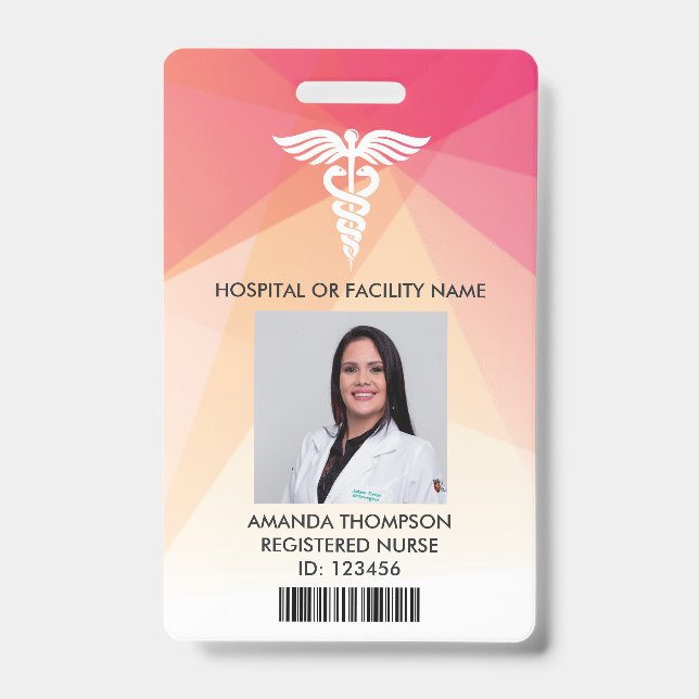 Modern Red Geometric Registered Nurse Photo ID Badge (Front)