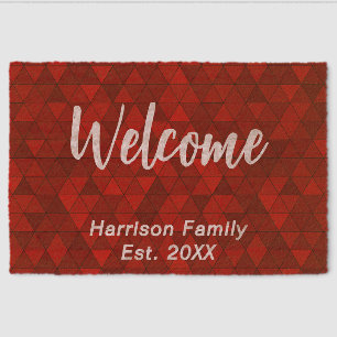 Modern Red Geometric Stylish Custom Family Name Fiber Doormat