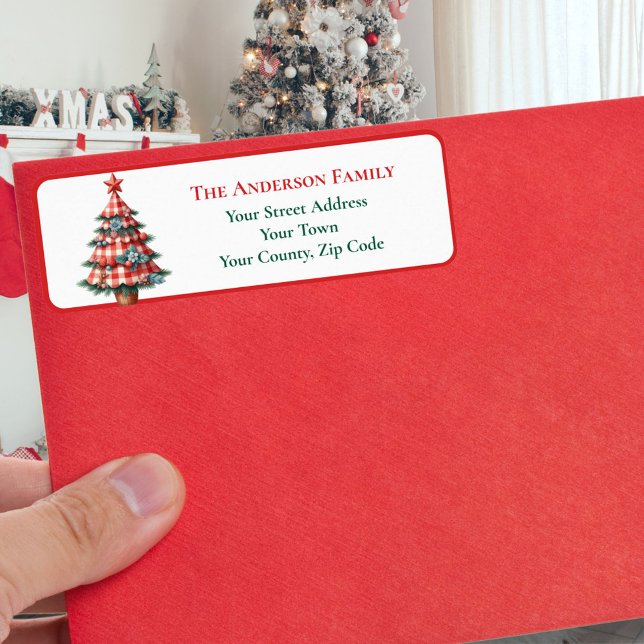 Modern Red Gingham Christmas Tree Ornaments Name Label (Creator Uploaded)