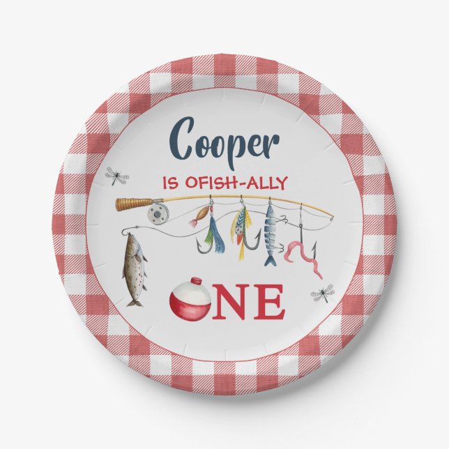 Modern Red Gingham Fishing 1st Birthday  Paper Plates (Front)
