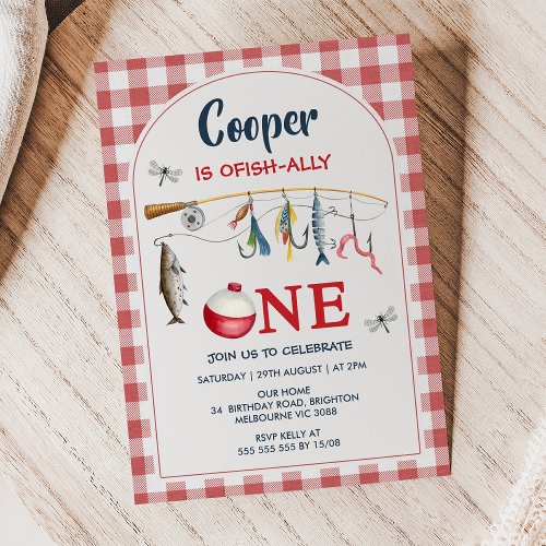 Modern Red Gingham Ofishally One 1st Birthday