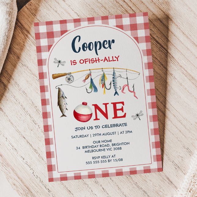 Modern Red Gingham Ofishally One 1st Birthday Invitation (Ofishally One Invitation Template, Ofishally One Invite, Boys Birthday Invitation Ofishally One
)