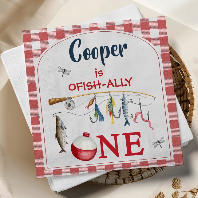Modern Red Gingham Ofishally One 1st Birthday  Napkins (Fishing themed O-fish-ally 1st birthday party Napkins,
Ofish-ally One 1st Birthday Paper Napkin,)