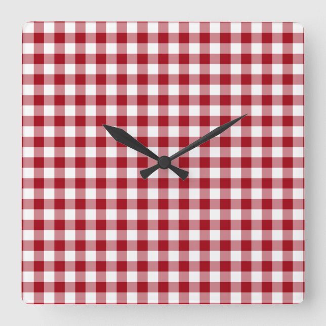 Modern Red Gingham Pattern Square Wall Clock (Front)