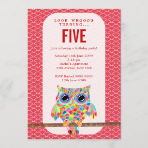 Modern Red Girls Birthday Party Rainbow Owl Invite