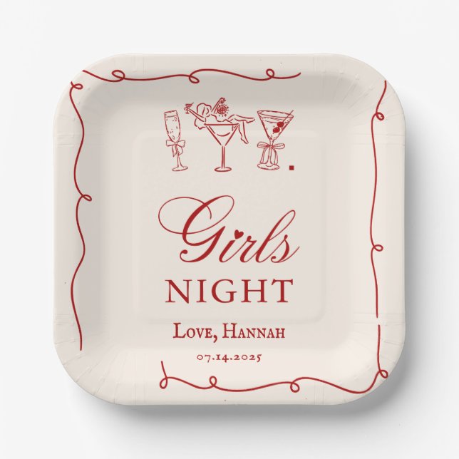 Modern Red Girls Night Dinner Party Paper Plates (Front)