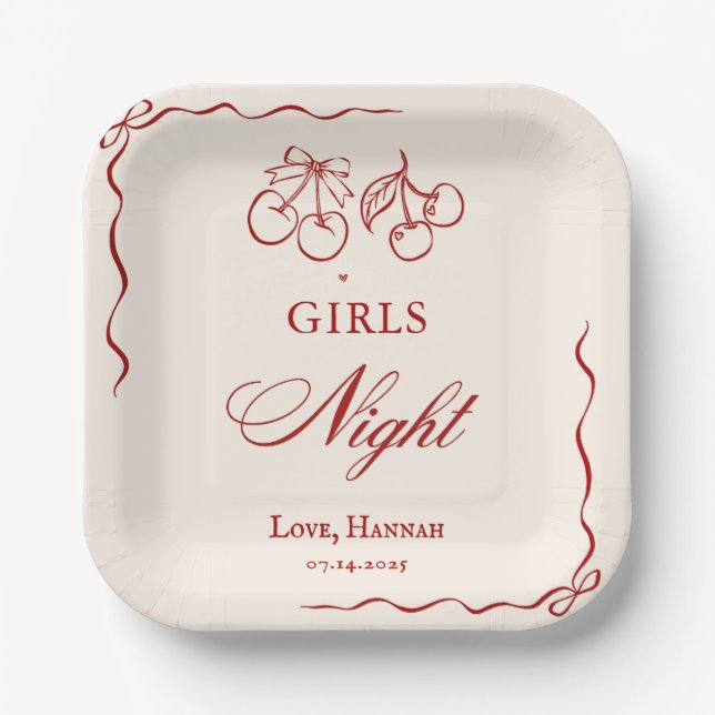 Modern Red Girls Night Dinner Party Paper Plates (Front)