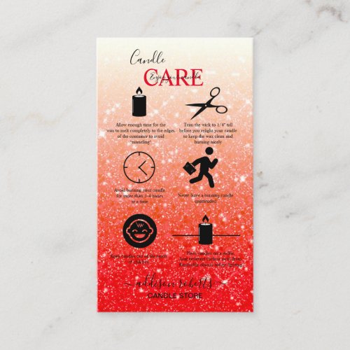 Modern Red Glitter Candle Care Business Card