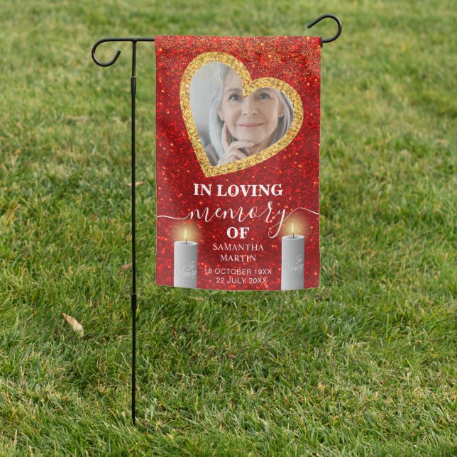 Modern Red Glitter Gold Heart Memorial Grave Site Garden Flag (In SItu)