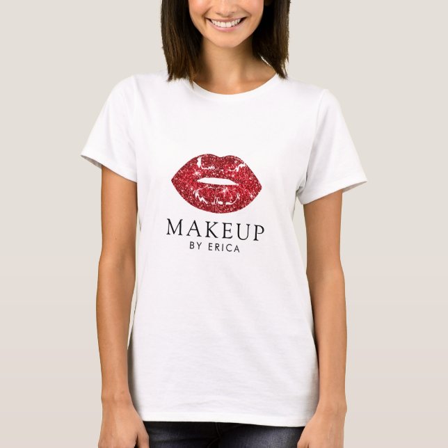 Modern Red Glitter Lipstick Lips Kiss T-Shirt (Front)