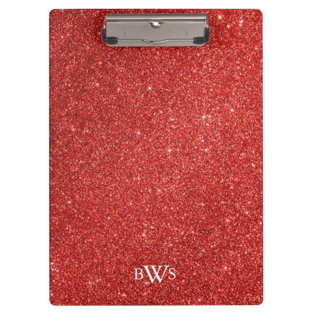 Modern Red Glitter Luxury Monogram Clipboard (Front)
