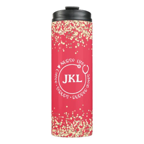 Modern Red Glitter Monogram Stethoscope Nurse  Thermal Tumbler