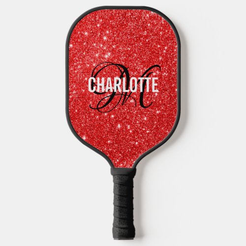 Modern red glitter script monogram name   pickleball paddle