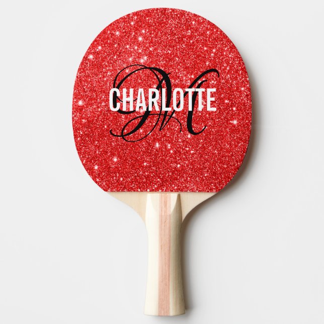 Modern red glitter script monogram name   ping pong paddle (Front)