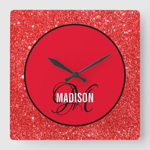 Modern red glitter script monogram name square wall clock