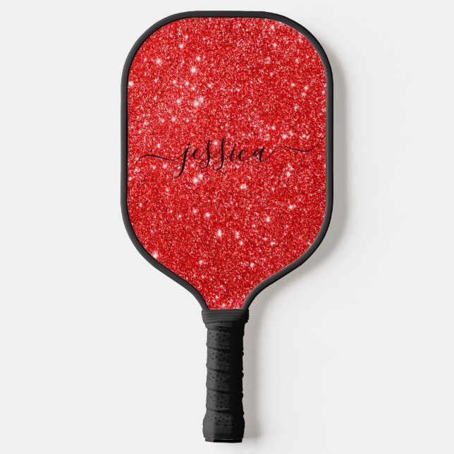 Modern red glitter script name  pickleball paddle (Back)