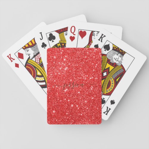 Modern red glitter script name  playing cards