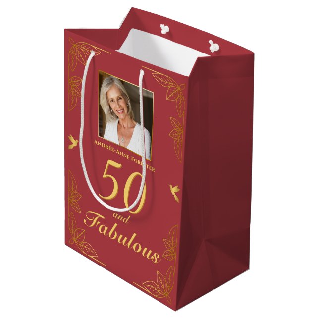 Modern Red Gold 50 Fabulous Birthday  Medium Gift Bag (Back Angled)