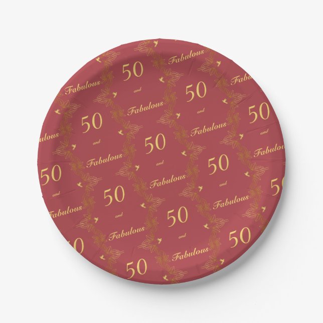 Modern Red Gold 50 Fabulous Birthday Paper Plates (Front)