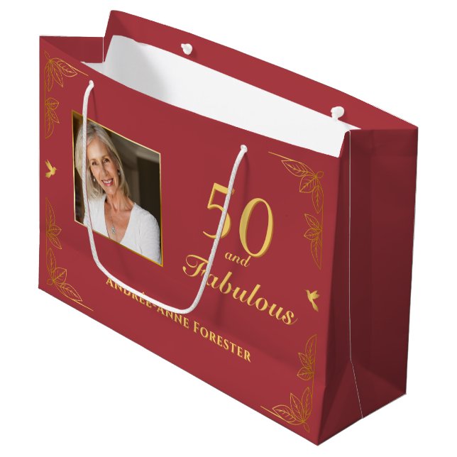 Modern Red Gold 50 Fabulous Birthday Photo Large Gift Bag (Front Angled)