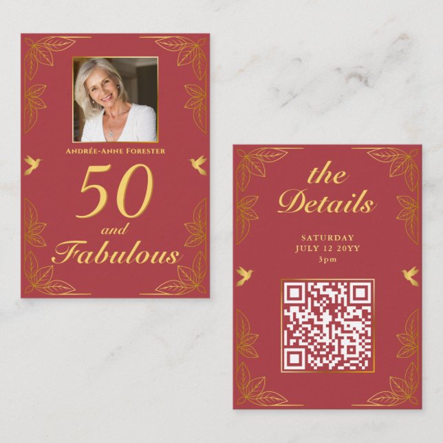 Modern Red Gold 50 Fabulous Birthday QR Code Enclosure Card (Front/Back)