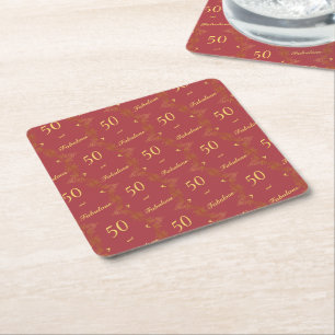 Modern Red Gold 50 Fabulous Birthday  Square Paper Coaster